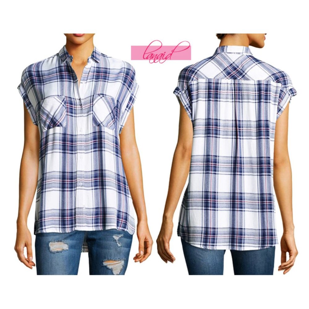 NEW Rails Britt Santorini Button-Up Plaid Flannel Short Sleeve V-Neck Edgy Top